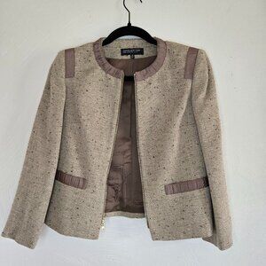 Jones New York Blazer Jacket Womens Size 2P Tan Tweed Gold Wool Blend Zip Front